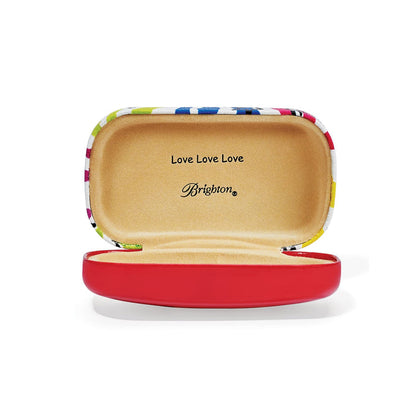 Brighton sunglasses case shown open with red exterior, tan interior, and Love Love Love text on a white background