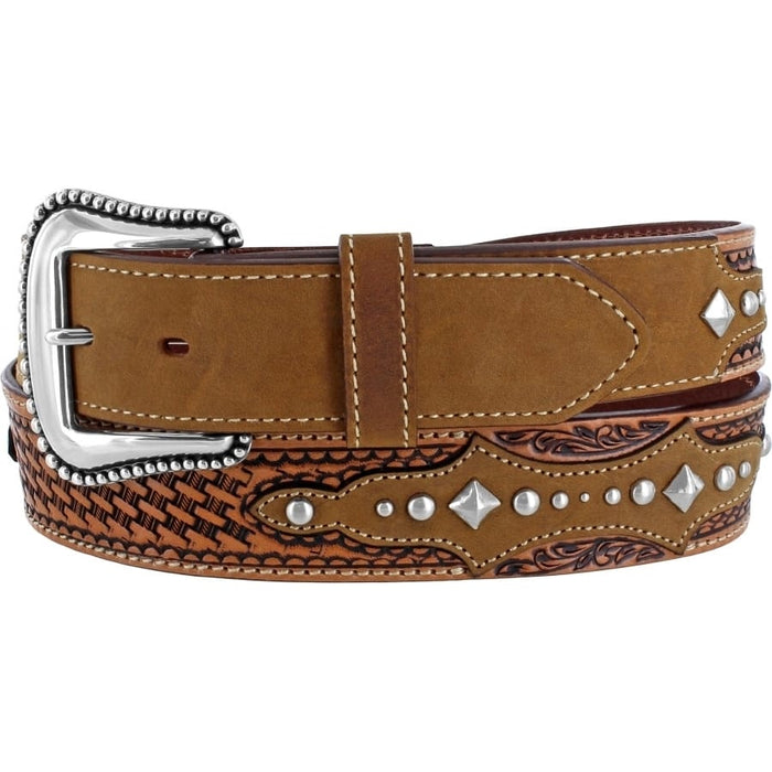 Brighton tan leather belt with basketweave tooling, silver-tone studs, and beaded buckle on a white background