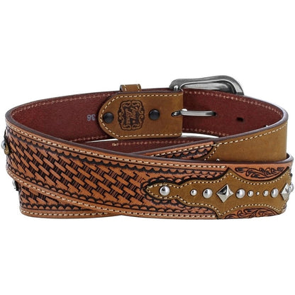Brighton leather belt with basketweave tooling, floral scroll accents, silver-tone studs, and buckle on a white background