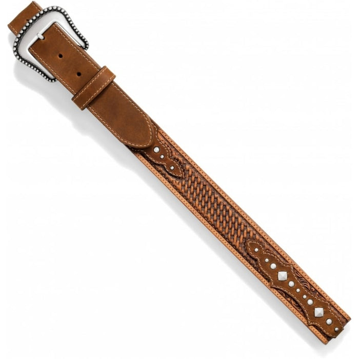 Brighton brown leather belt with tooled basketweave pattern, silver-tone buckle, and studded accents on a white background