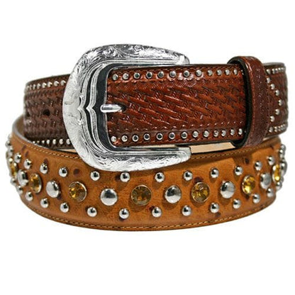 Brighton brown leather belt with basketweave buckle, silver-tone studs, and yellow crystal accents on a white background