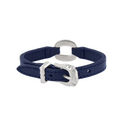 Brighton blue leather bracelet with silver-plated buckle closure and circular center accent on a white background