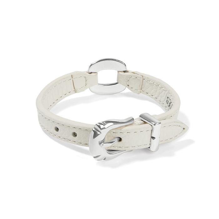 Brighton bracelet in white leather with silver-plated ring accent and buckle closure on a white background