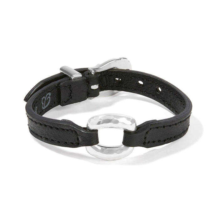Brighton black leather bracelet with hammered silver-plated oval ring center and adjustable buckle closure on a white background