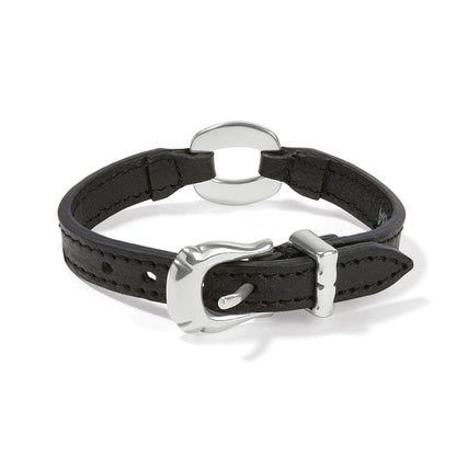 Brighton black leather bracelet with silver-plated oval center ring and buckle closure on a white background