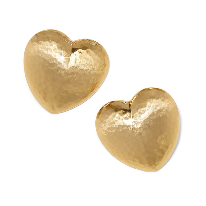 Brighton heart stud earrings with hammered gold-tone finish and puffed silhouette on a white background
