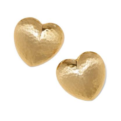 Brighton heart stud earrings with hammered gold-tone finish and puffed silhouette on a white background