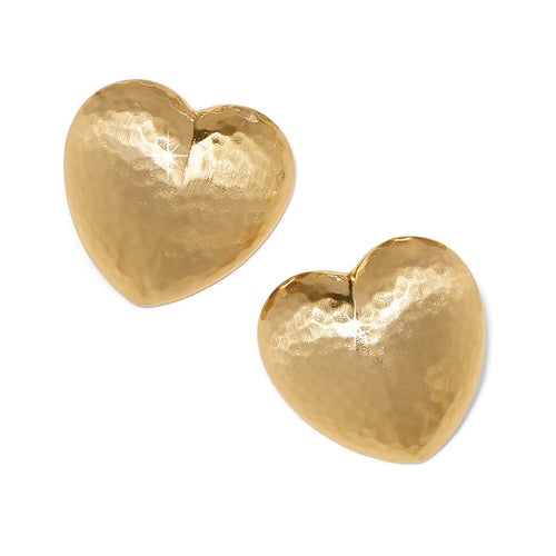Brighton heart stud earrings with hammered gold-tone finish and puffed silhouette on a white background
