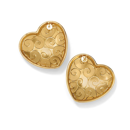 Brighton heart stud earrings with gold-tone swirl pattern and polished bezel edges on a white background