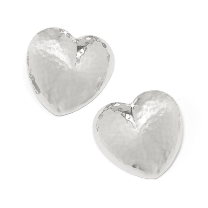 Brighton heart stud earrings with silver-plated hammered finish and puffed dimensional shape on a white background