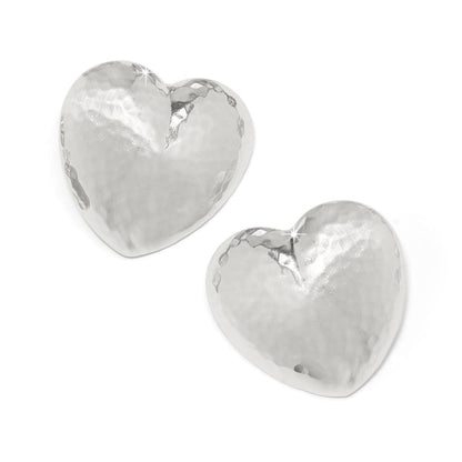 Brighton heart stud earrings with silver-plated hammered finish and puffed dimensional shape on a white background