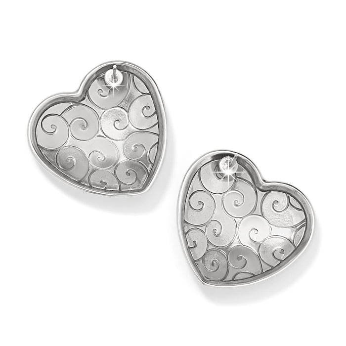 Brighton heart stud earrings with silver-plated swirl pattern and polished border on a white background