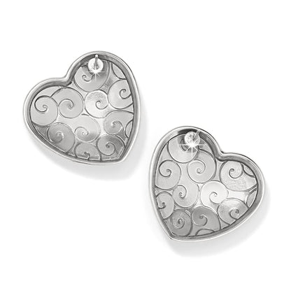 Brighton heart stud earrings with silver-plated swirl pattern and polished border on a white background