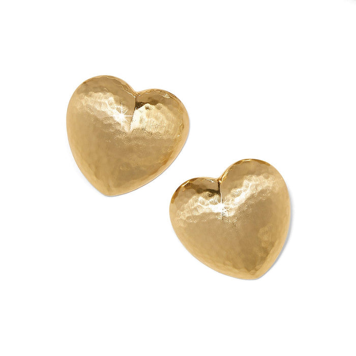 Brighton heart stud earrings with hammered gold-plated finish and puffed silhouette on a white background
