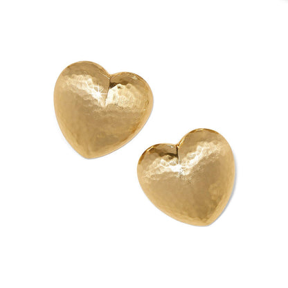 Brighton heart stud earrings with hammered gold-plated finish and puffed silhouette on a white background