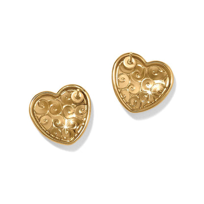 Brighton heart stud earrings with gold-plated finish and ornate swirl scroll detailing on a white background