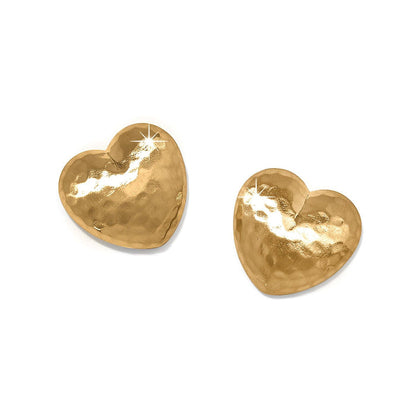 Brighton heart stud earrings with hammered gold-plated finish and softly rounded shape on a white background