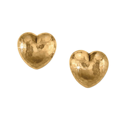 Brighton stud earrings with hammered gold-plated heart-shaped fronts in a polished finish on a white background