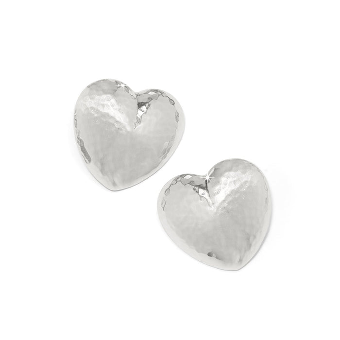Brighton heart stud earrings with hammered silver-plated finish and puffed dimensional shape on a white background