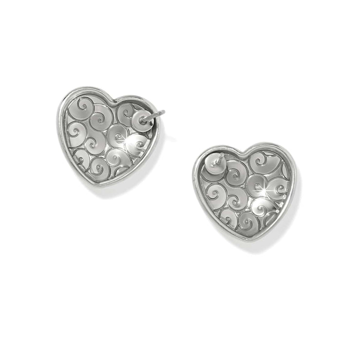 Brighton heart stud earrings with silver-plated swirl filigree design shown from the back on a white background