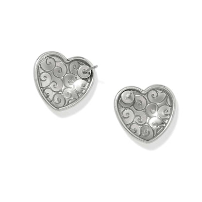 Brighton heart stud earrings with silver-plated swirl filigree design shown from the back on a white background