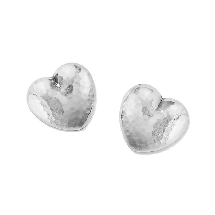 Brighton heart stud earrings with hammered silver-plated finish and puffed dimensional shape on a white background
