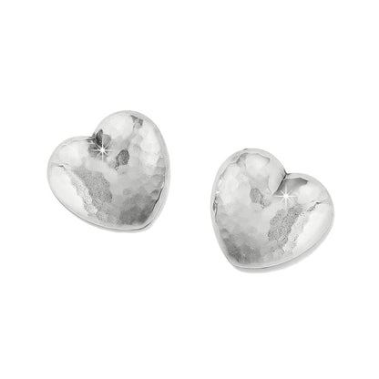 Brighton heart stud earrings with hammered silver-plated finish and puffed dimensional shape on a white background