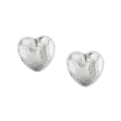 Brighton heart stud earrings with hammered silver-plated finish and puffed shape on a white background