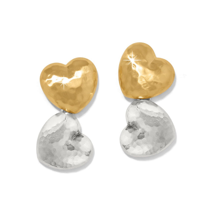 Brighton drop earrings with hammered gold-tone heart studs and silver-tone heart drops on a white background