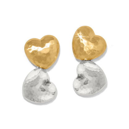 Brighton drop earrings with hammered gold-tone heart studs and silver-tone heart drops on a white background