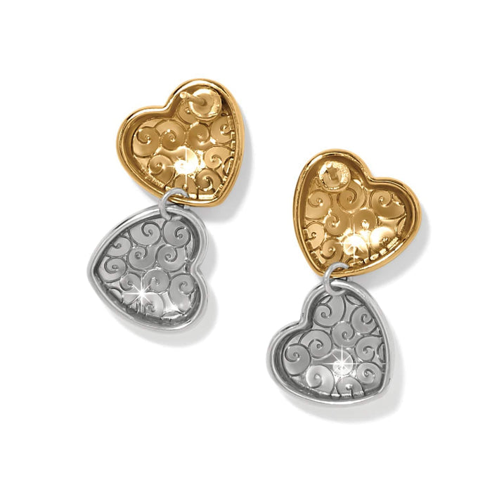 Brighton drop earrings with two-tone gold and silver hammered hearts featuring scroll detailing on a white background