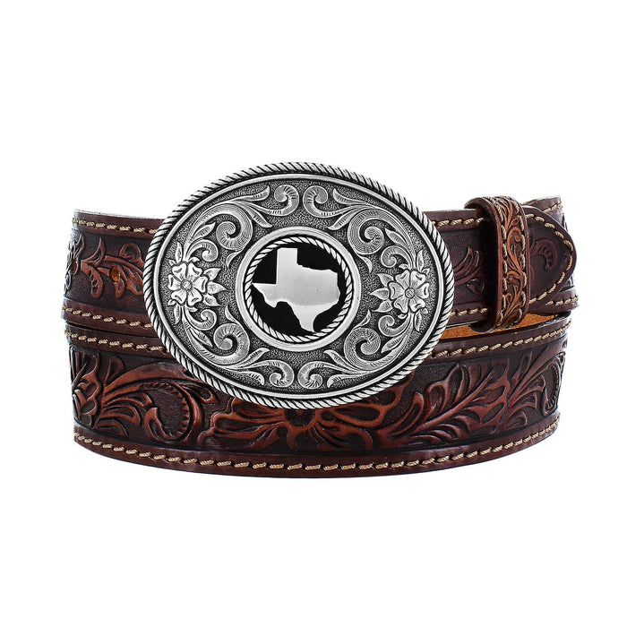 Brighton tooled leather belt with floral embossing and oval silver-tone buckle featuring Texas state emblem on a white background