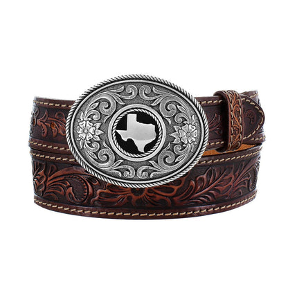 Brighton tooled leather belt with floral embossing and oval silver-tone buckle featuring Texas state emblem on a white background