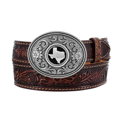 Brighton tooled leather belt with floral embossing and oval silver-tone buckle featuring Texas state emblem on a white background