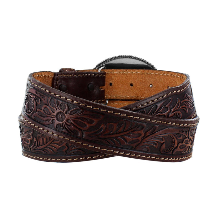 Brighton brown leather belt with floral tooled embossing, contrast stitching, and silver-tone buckle on a white background