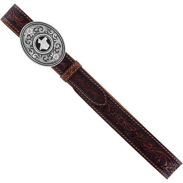 Brighton tooled brown leather belt with oval silver-tone concho buckle featuring floral scroll engraving on a white background