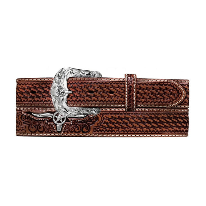 Brighton tooled leather belt with basketweave pattern, silver-tone buckle, and longhorn star concho on a white background
