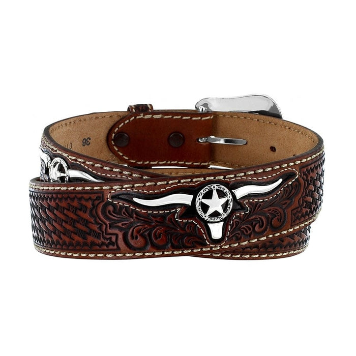 Brighton tooled brown leather belt with silver-tone longhorn star concho and basketweave pattern on a white background