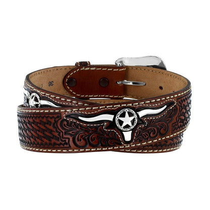 Brighton tooled brown leather belt with silver-tone longhorn star concho and basketweave pattern on a white background