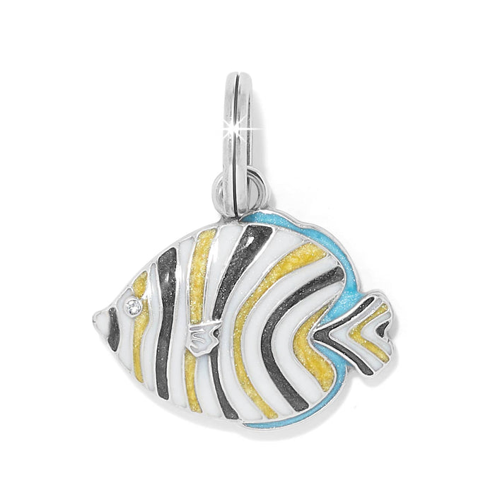 Brighton fish charm with white, yellow, black, and turquoise enamel stripes and crystal eye on a white background