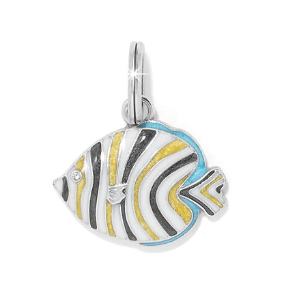 Brighton fish charm with white, yellow, black, and turquoise enamel stripes and crystal eye on a white background
