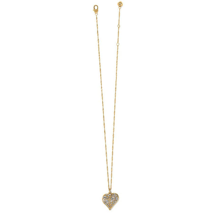 A gold heart-shaped pendant encrusted with small crystals, hanging from a delicate gold chain, the Trust Your Journey Golden Heart Necklace is isolated against a white background.