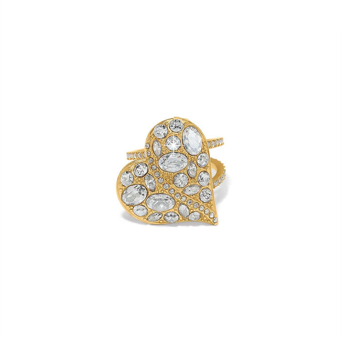 Brighton gold-plated heart ring with cluster of crystals and pavé crystal band on a white background
