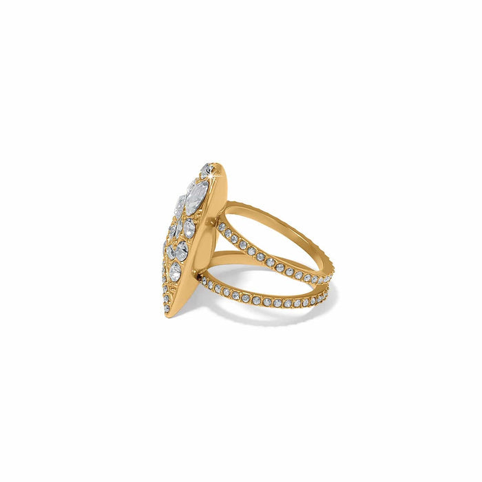 Brighton gold-plated ring with marquise-shaped crystal cluster top and double pavé crystal band on a white background