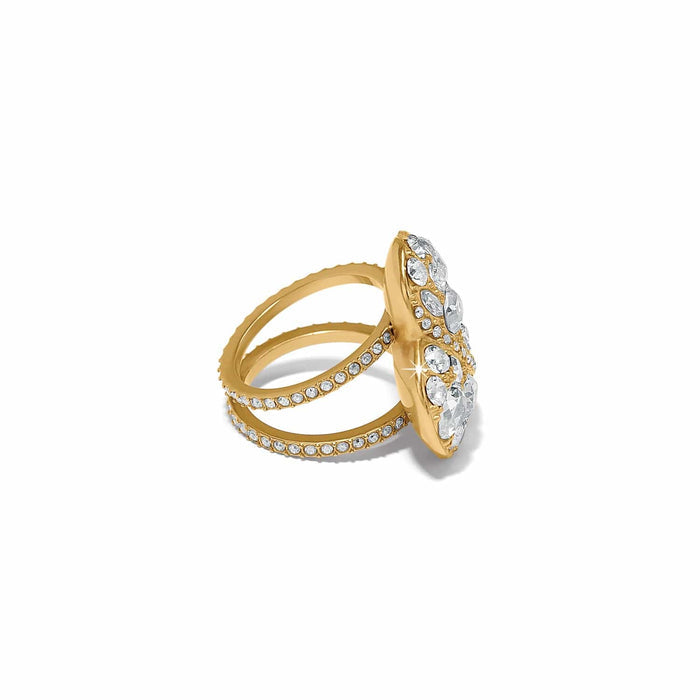 Brighton gold-plated ring with double band and large crystal cluster centerpiece on a white background