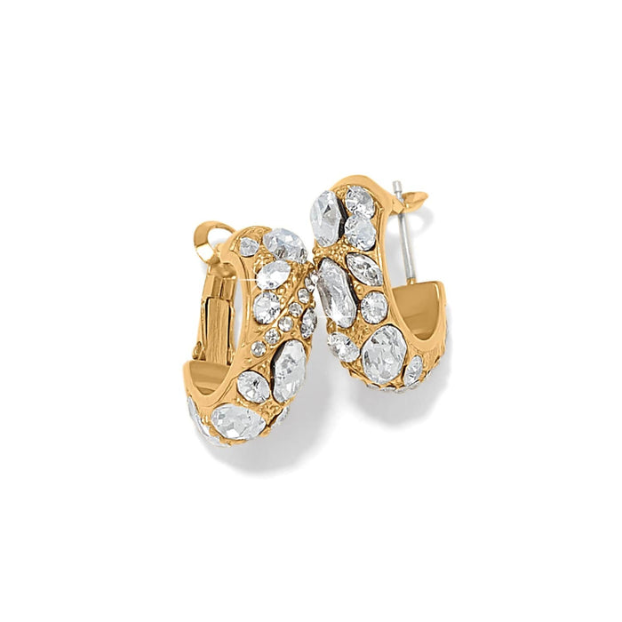 Brighton hoop earrings with gold-plated finish and clustered fine quality crystals in varied shapes on a white background