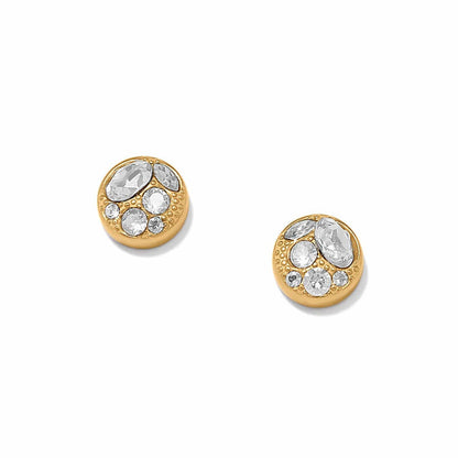 Brighton stud earrings with gold-plated round discs and clustered crystal accents on a white background
