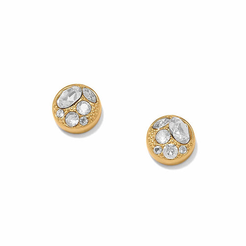 Brighton stud earrings with gold-plated round discs and clustered crystal accents on a white background