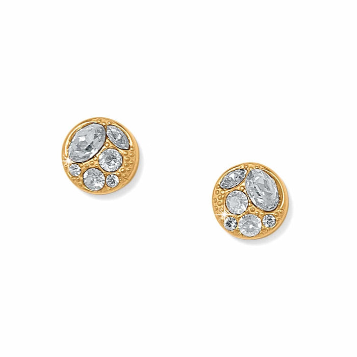 Brighton stud earrings with gold-plated discs and clustered crystal accents on a white background