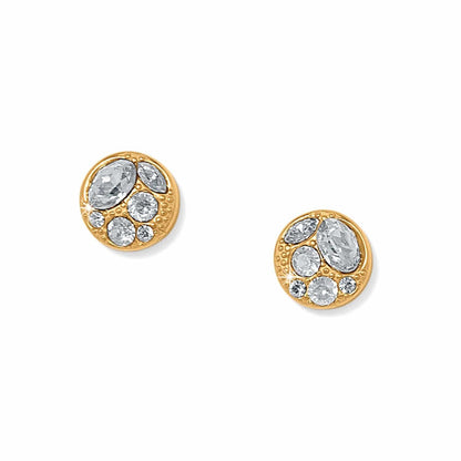 Brighton stud earrings with gold-plated discs and clustered crystal accents on a white background